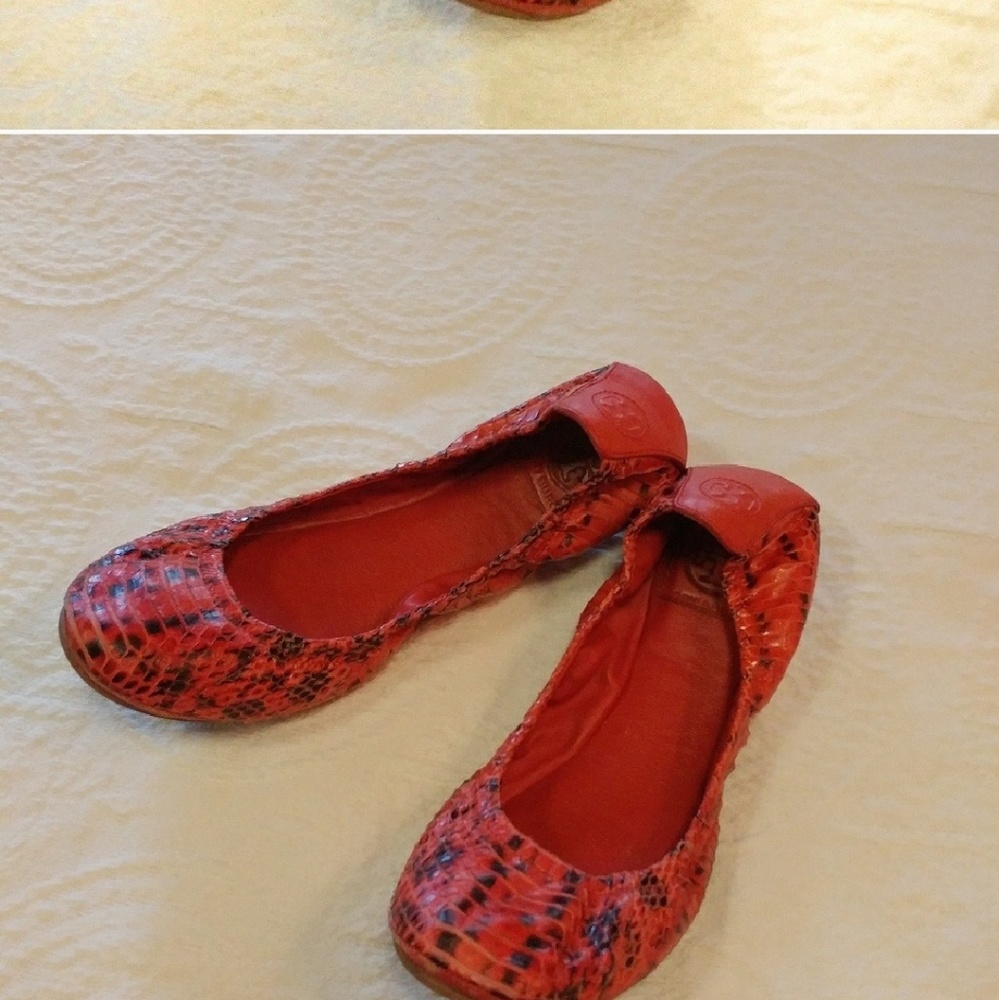 Tory Burch orange snake skin flats